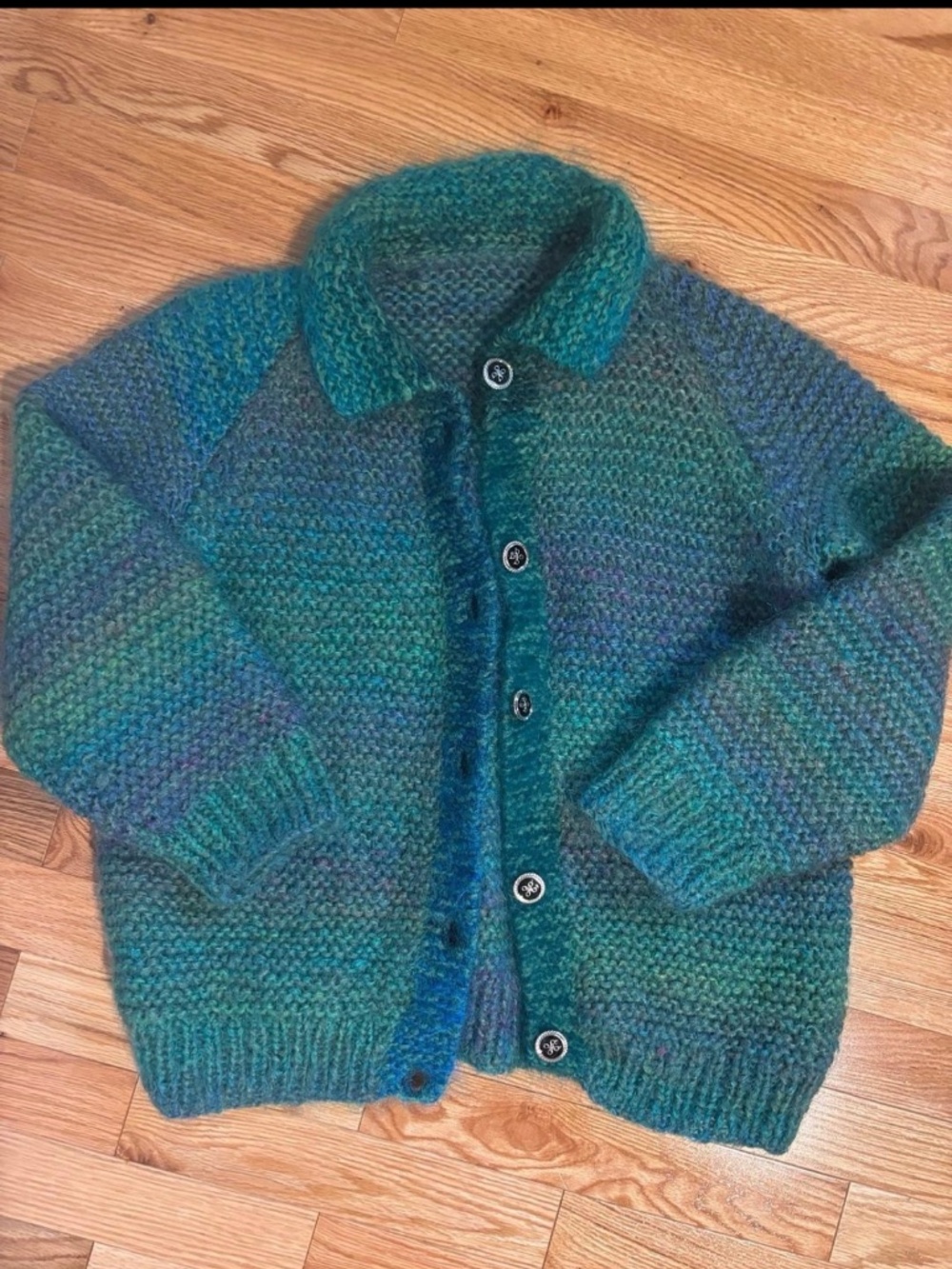 Mohair vintage rainbow space dye collared cardigan handknit